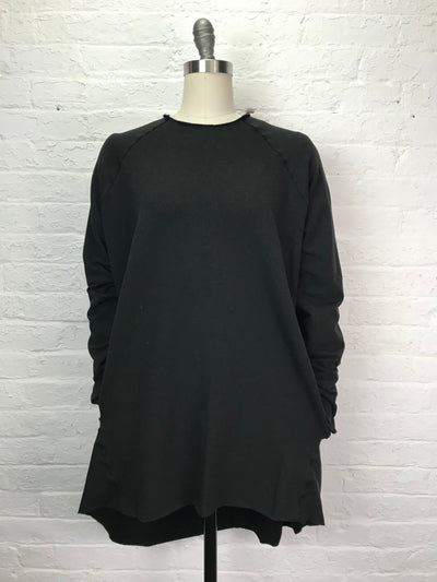 Oversized Stretch Fleece Raglan Tunic with Pockets in Solid Black - One Size