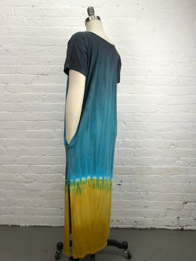 The Astrid Maxi Dress in Sunshine is hand dyed on pre-washed and pre-shrunk bamboo/cotton/spandex jersey