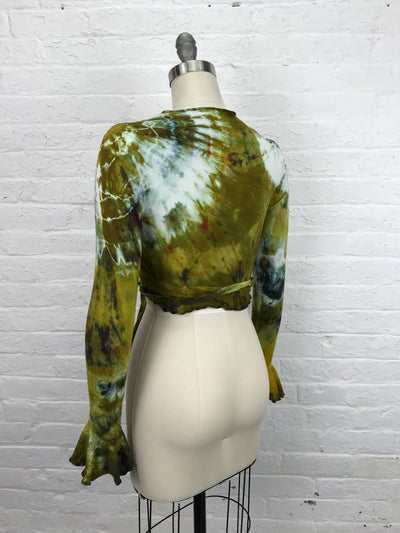 Flamenco Wrap Top in Bombay to Dijon is a petite length wrap top with 3/4 length sleeves that end in a flounce.  Golden, mustard and cream tones on soft washable bamboo/cotton/spandex jersey fabric - back view