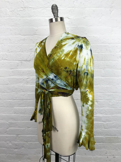 Flamenco Wrap Top in Bombay to Dijon is a petite length wrap top with long sleeves that end in a flounce.  Golden, mustard and cream tones on soft washable bamboo/cotton/spandex jersey fabric - side view