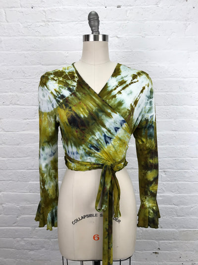 Flamenco Wrap Top in Bombay to Dijon is a petite length wrap top with long sleeves that end in a flounce.  Golden, mustard and cream tones on soft washable bamboo/cotton/spandex jersey fabric - front view