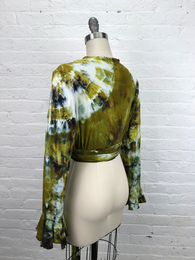Flamenco Wrap Top in Bombay to Dijon is a petite length wrap top with long sleeves that end in a flounce.  Golden, mustard and cream tones on soft washable bamboo/cotton/spandex jersey fabric - back view