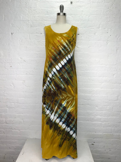 Funky Tribal Shibori Dyed Eileen Maxi Tank Dress in Bold in Gold - front view