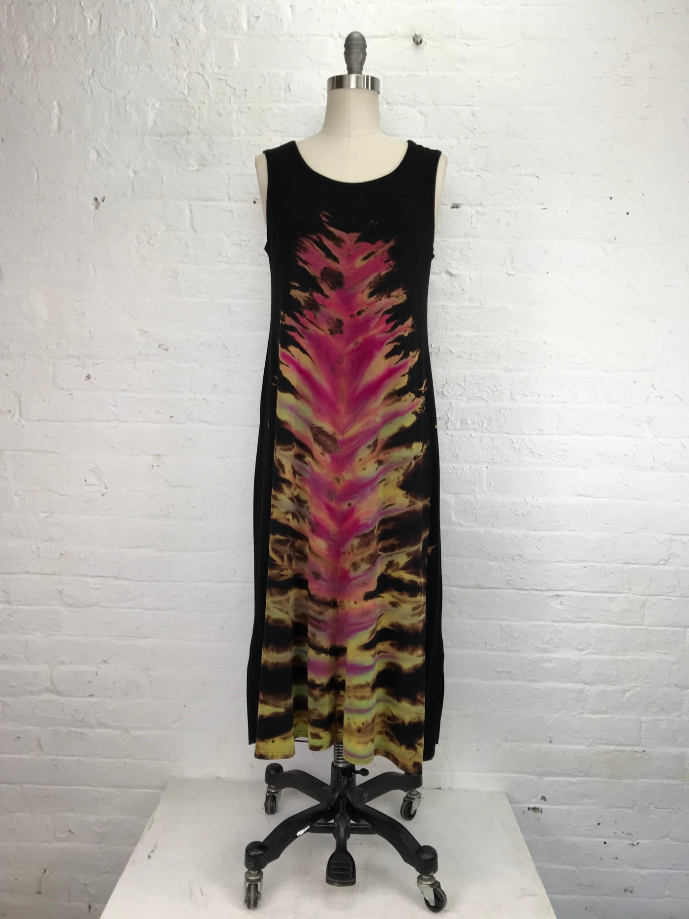 Elegant Shibori Dyed Eileen Midi Tank Dress in Burlesque Feather - front view